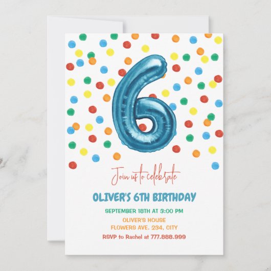 Kleurrijke Confetti Six Balloon 6th Birthday Boy Kaart (Voorkant)