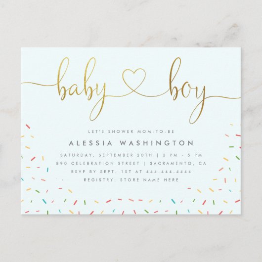 Kleurrijke Confetti Sprinkle Gold Boy Baby shower Uitnodiging Briefkaart (Voorkant)