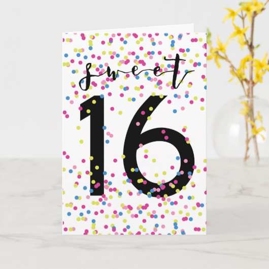 Kleurrijke Confetti Sweet 16 Kaart (Gele Bloem)