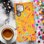 Kleurrijke Confetti toss over Oranje persoonlijk Samsung Galaxy Hoesje<br><div class="desc">Dit hoesje is versierd met een kleurrijke confetti toss over een oranje achtergrond. Vul het veld sjabloon in met uw woorden, verwijder alle tekst of bewerk met het ontwerpgereedschap om een lettertypestijl, -grootte en -kleur te selecteren die u verkiest. U kunt dit ontwerp ook overbrengen naar andere hoesjes van het...</div>