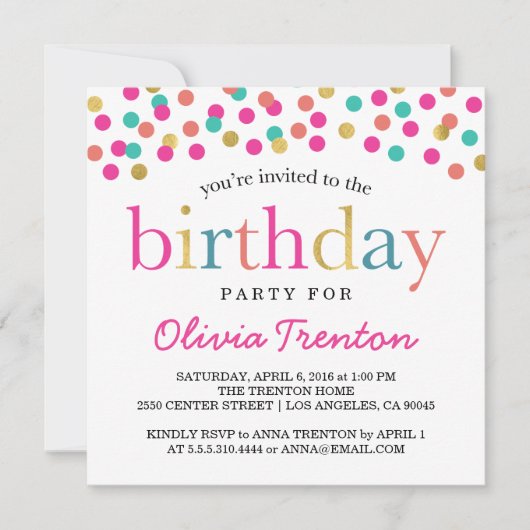 Kleurrijke Confetti verjaardagsfeestuitnodigingen Kaart (Voorkant)