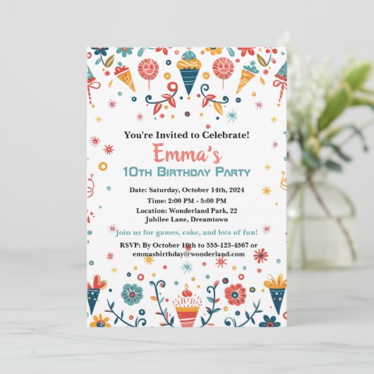 Kleurrijke Confetti verjaardagsuitnodiging Aankondiging (Staand voorkant)