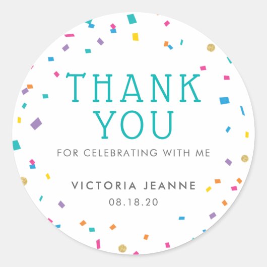Kleurrijke Confetti verjaardagsviering dank u Ronde Sticker (Voorkant)