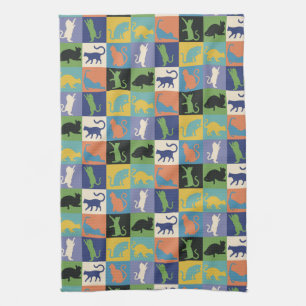 Kleurrijke Cool Cat Silhouetten in Quilt Squares Theedoek