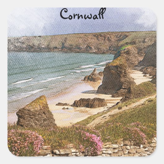 Kleurrijke Cornwall Engeland kustlandschap Vierkante Sticker (Voorkant)