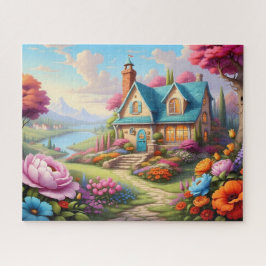 Kleurrijke cottage tuin aan het meer legpuzzel