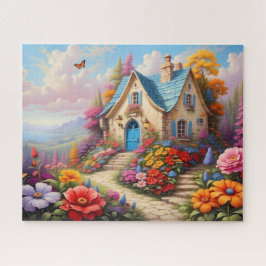 Kleurrijke cottage tuin met blauwe deur legpuzzel