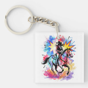 Kleurrijke Cowgirl Paard Watercolor Pop Art Sleutelhanger