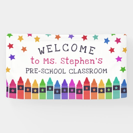 Kleurrijke Crayons Stars Welkom Leraar's Classroom Spandoek (Horizontaal)