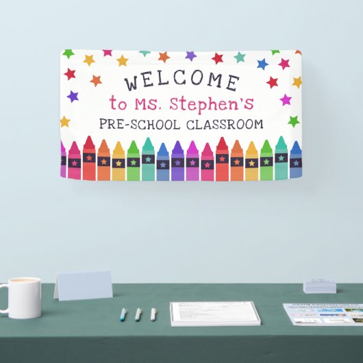 Kleurrijke Crayons Stars Welkom Leraar's Classroom Spandoek (Beurs)