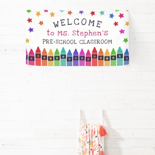 Kleurrijke Crayons Stars Welkom Leraar's Classroom Spandoek (Insitu)
