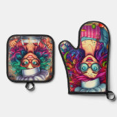 Kleurrijke Crazy Chef kok, keuken cadeau Ovenwant & Pannenlap Set (Voorkant)