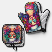 Kleurrijke Crazy Chef kok, keuken cadeau Ovenwant & Pannenlap Set (Voorkant / Achterkant)