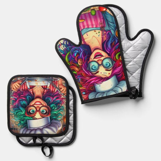 Kleurrijke Crazy Chef kok, keuken cadeau Ovenwant & Pannenlap Set (Voorkant / Achterkant)