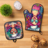 Kleurrijke Crazy Chef kok, keuken cadeau Ovenwant & Pannenlap Set (Top down)