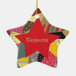 Kleurrijke Crazy Quilt Patchwork Patroon Monogram Keramisch Ornament