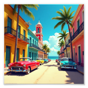 Kleurrijke Cubaanse straat met klassieke auto's Foto Afdruk