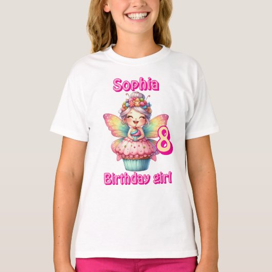 Kleurrijke cupcake fee vlinder verjaardag t-shirt (Voorkant)