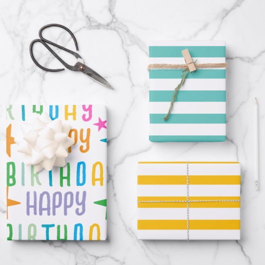 Kleurrijke Custom en White Stripes Happy Birthday Inpakpapier Vel (Voorkant)