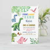 Kleurrijke Cute Dinosaur 1e Verjaardag Kaart (Staand voorkant)