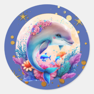 Kleurrijke Cute Dolfijn en gouden Ster Ronde Sticker