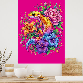 Kleurrijke Cute Luipaardgekko Bloemen Regenboog Poster