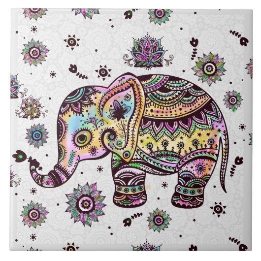Kleurrijke Cute Retro Floral Elephant Tegeltje (Voorkant)