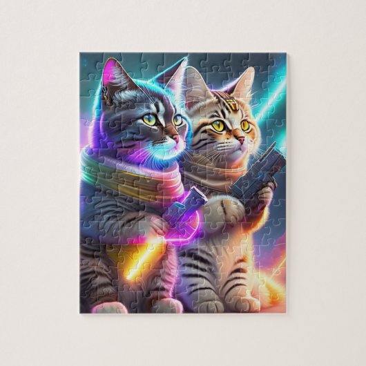 Kleurrijke cyberpunk katten met lasers Pistolen Legpuzzel (Verticaal)