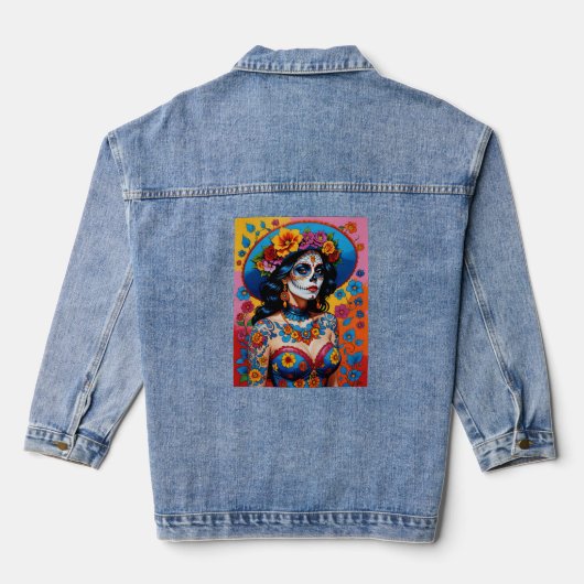 Kleurrijke Dag van de Dode Schoonheid T-shirt Denim Jacket (Achterkant)