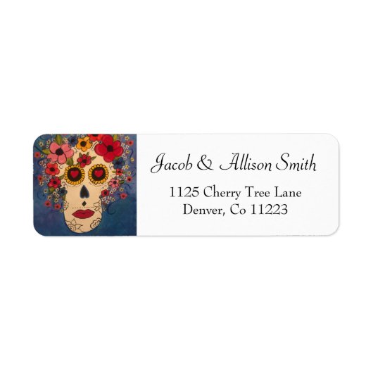 Kleurrijke dag van de dode suikerschedel met bloem etiket (Voorkant)