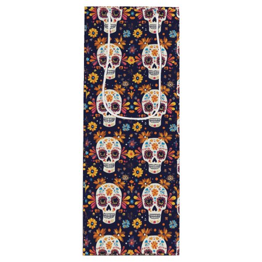 Kleurrijke dag van de dode suikerschedel naadloos  wijn cadeautas (Voorkant)