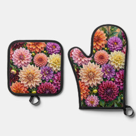 Kleurrijke Dahlia Bloemen Ovenwant & Pannenlap Set