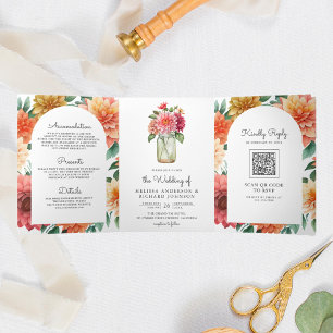 Kleurrijke Dahlia Bloemige Metselwerk QR Code Huwe Drieluik Uitnodiging