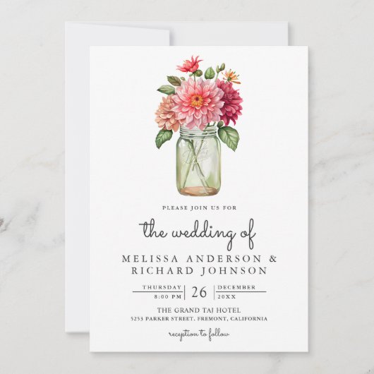 Kleurrijke Dahlia Floral Mason Jar QR Code Bruilof Kaart (Voorkant)