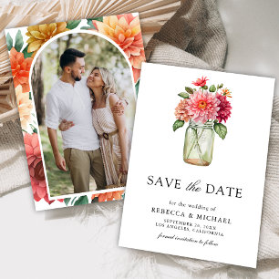 Kleurrijke Dahlia Mason Jar Foto Bruiloft Save The Date