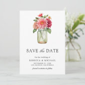 Kleurrijke Dahlia Mason Jar foto bruiloft Save The Date (Staand voorkant)