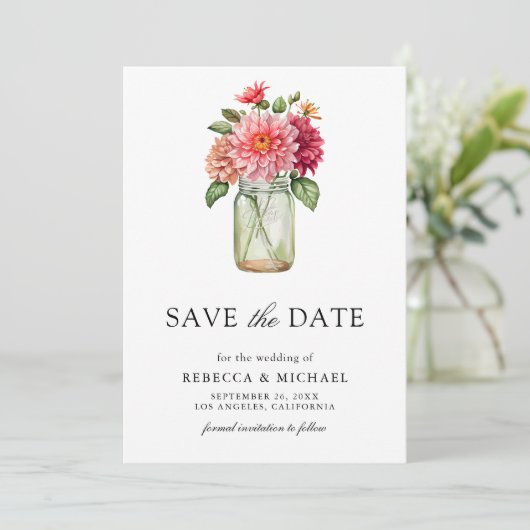 Kleurrijke Dahlia Mason Jar foto bruiloft Save The Date (Staand voorkant)