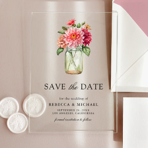 Kleurrijke Dahlia Mason Jar Wedding Save the Date Acryl Uitnodigingen