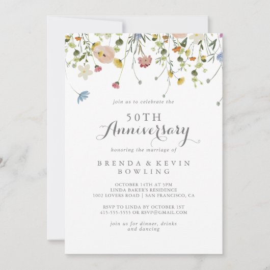 Kleurrijke Dainty Wild 50e bruiloft Jubileum Kaart (Voorkant)