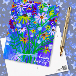 Kleurrijke Daisy Boeket Blauw Gelukkige Verjaardag Briefkaart
