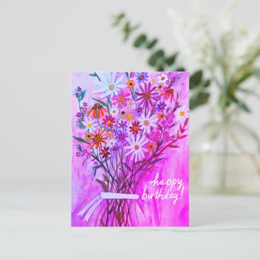 Kleurrijke Daisy Boeket Gefeliciteerd Paars Briefkaart (Staand voorkant)