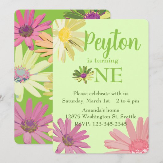 Kleurrijke Daisy Eerste Verjaardag Kaart (Voorkant / Achterkant)