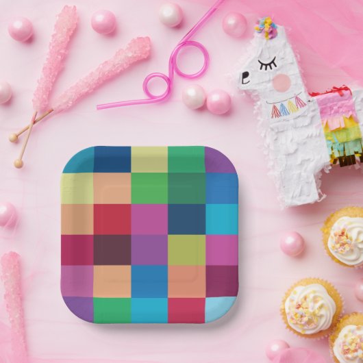 Kleurrijke dambordpatroonpartij papieren bordje (Feest)