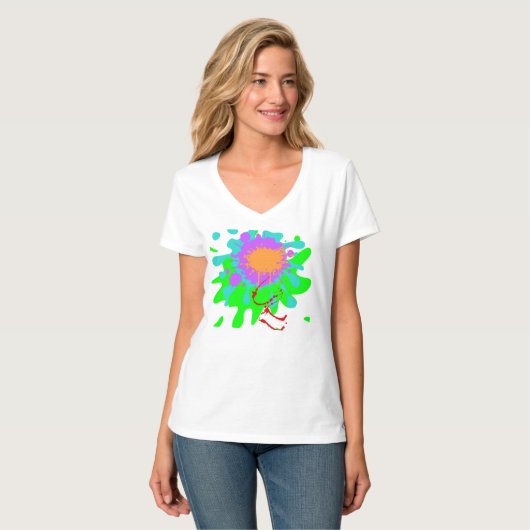 Kleurrijke dames basic V-hals tshirt (Voorkant volledig)