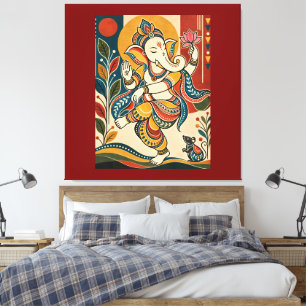 Kleurrijke Dansende Ganesha - Indiase Volks Tribal Canvas Afdruk