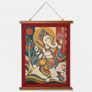 Kleurrijke Dansende Ganesha - Indiase Volks Tribal Hangend Wandkleed