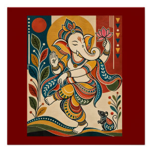 Kleurrijke Dansende Ganesha - Indiase Volks Tribal Perfect Poster
