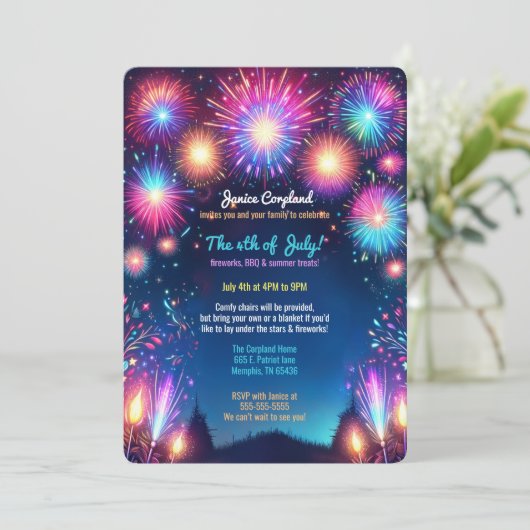 Kleurrijke Dazzling Fireworks 4th of July Party Kaart (Staand voorkant)