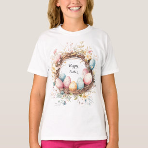 Kleurrijke decoratieve krans van paaseieren met bl t-shirt