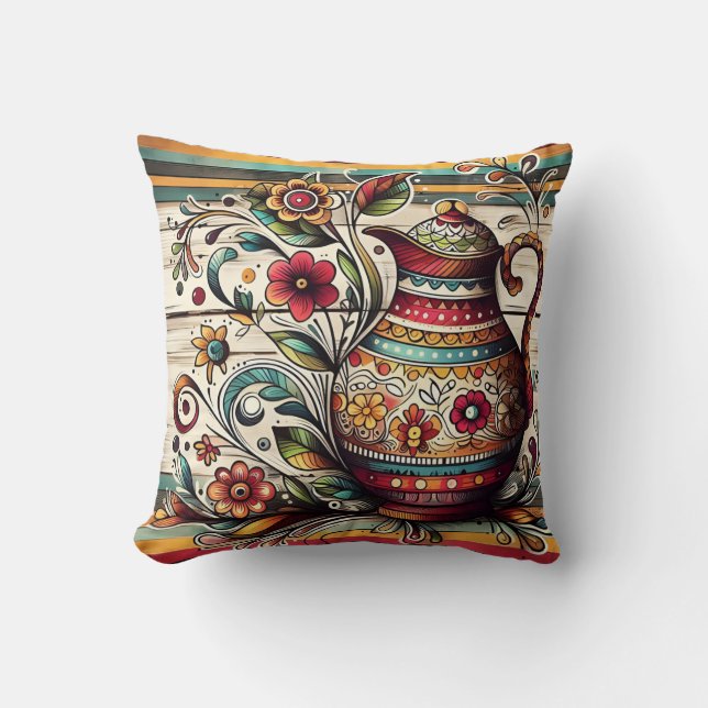 Kleurrijke decoratieve pot met bloemenpatronen kussen (Voorkant)